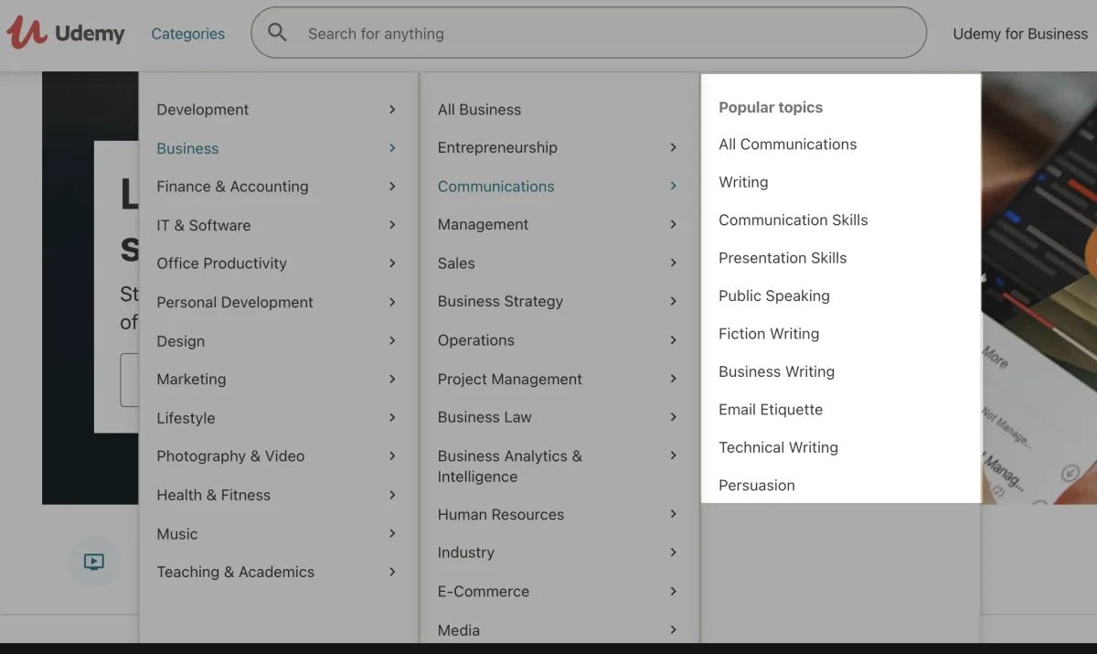 Udemy course categories menu used to research online course topics