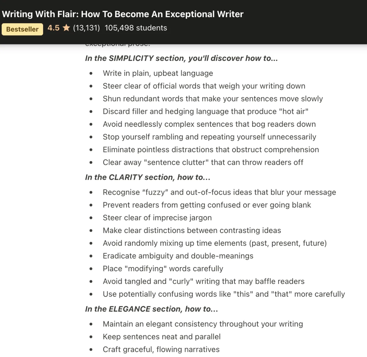 Udemy course description showing the topics covered in a bestselling writing course