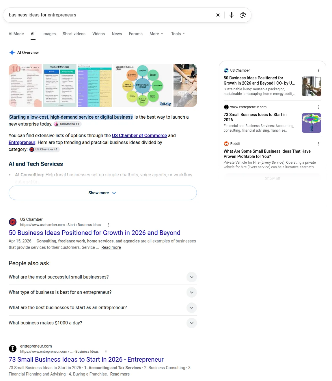 Google search results for business ideas for entrepreneurs