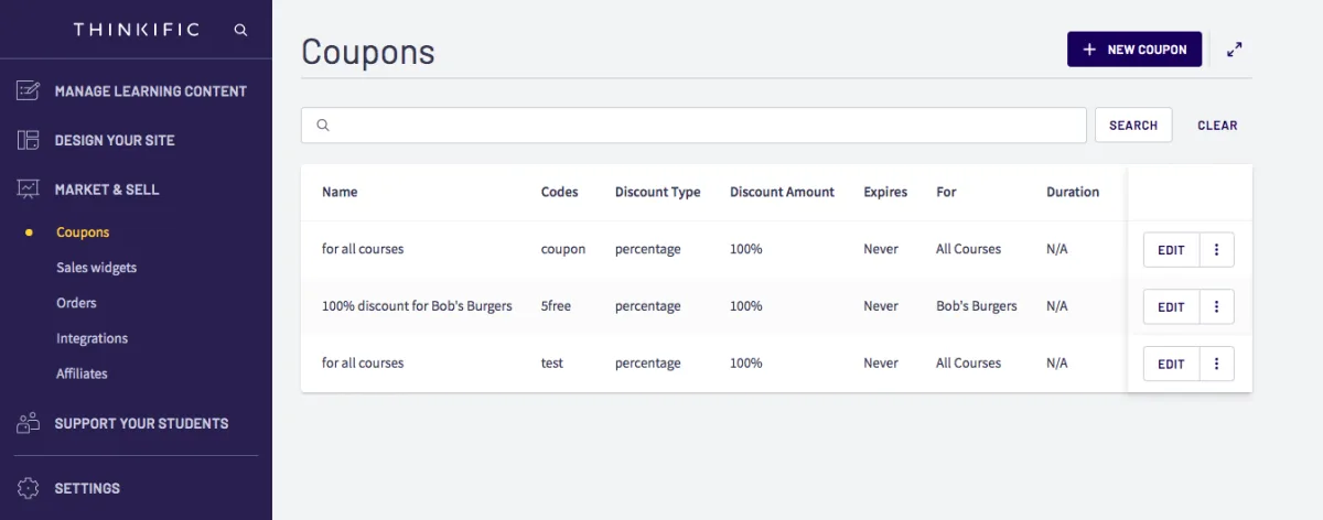Create a new coupon in Thinkific