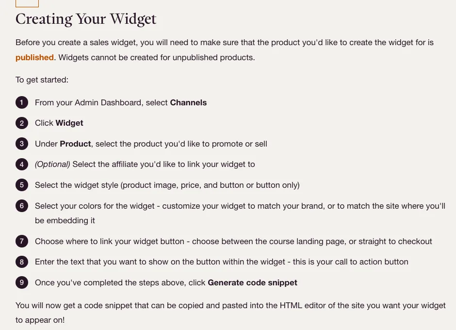 Thinkific help center steps to create a sales widget and generate the code snippet