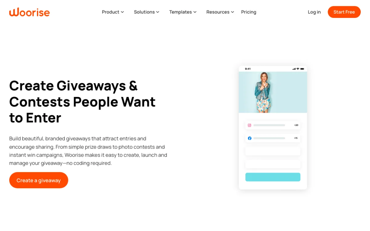 Woorise giveaway maker page with a mobile giveaway entry form example