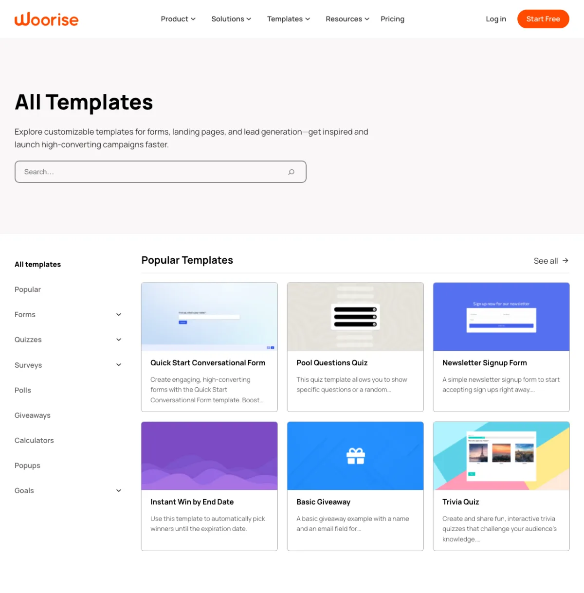 Woorise template gallery with giveaway, quiz and form templates