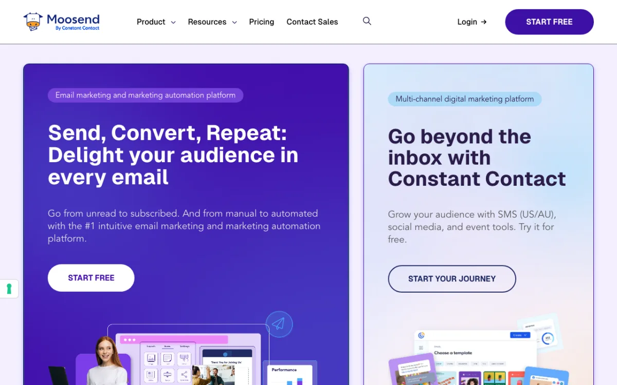 Moosend homepage for its email marketing and automation platform