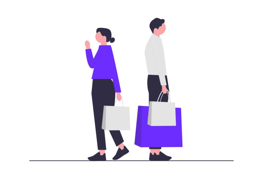 Illustration of two people carrying shopping bags, representing pet supplies spending