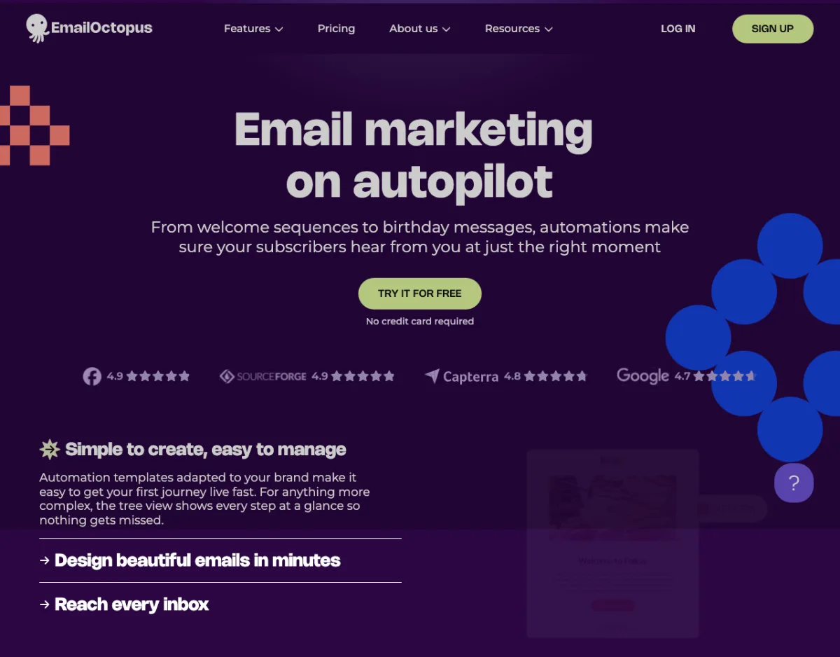 EmailOctopus automation feature page for automated email sequences