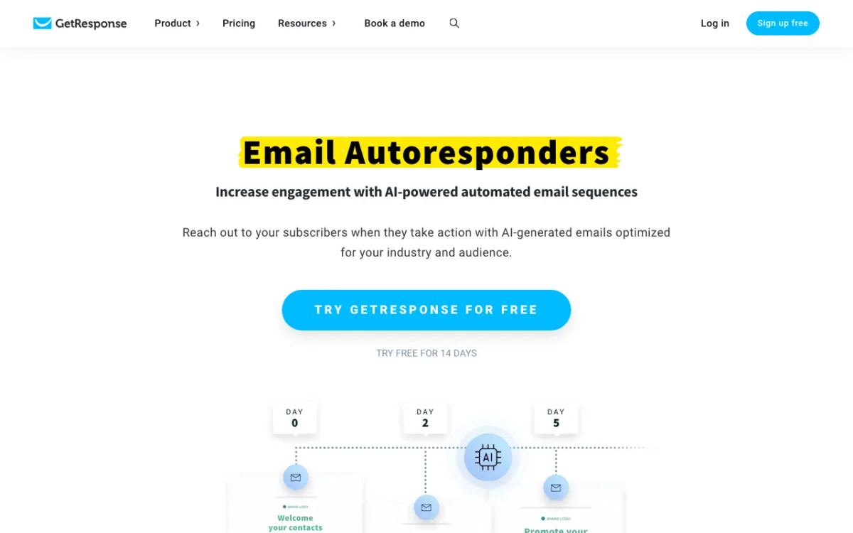 GetResponse email autoresponder page with an automated email sequence timeline