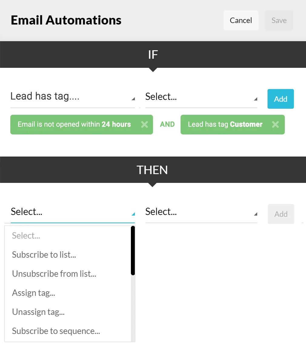Kartra email automation rule builder with IF and THEN conditions