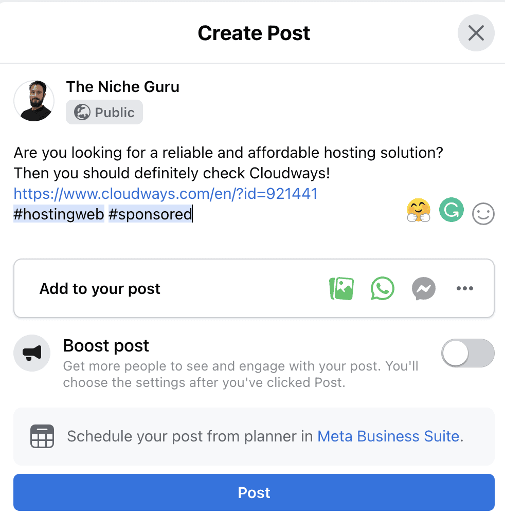 creating a facebook post with affiliate links in facebook