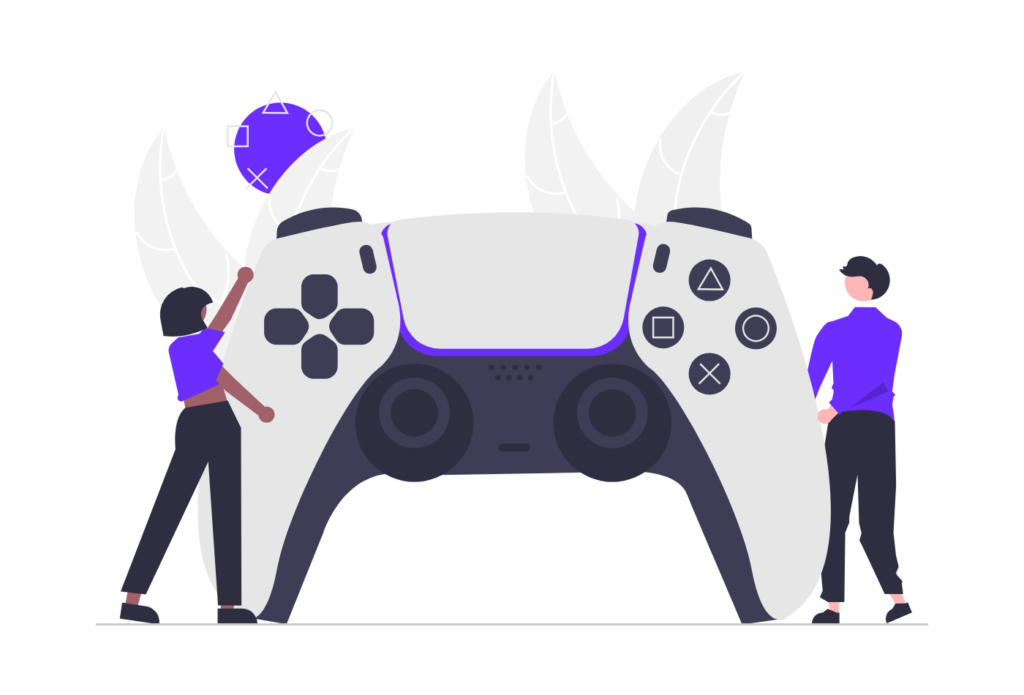 Illustration of players around a giant game controller, for the gaming niche report
