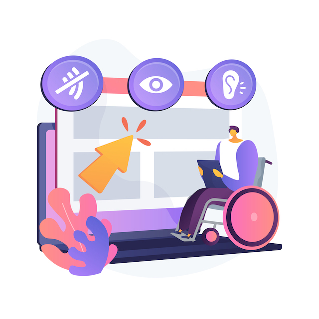 Web accessibility program abstract concept vector illustration. Websites for people with special needs, usability design, accessibility problem, online inclusivity program, UI abstract metaphor.
