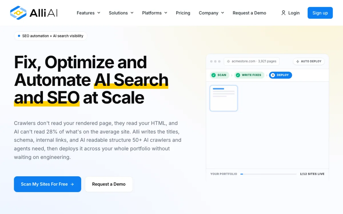 Alli AI homepage showing its automated SEO and AI search optimization platform