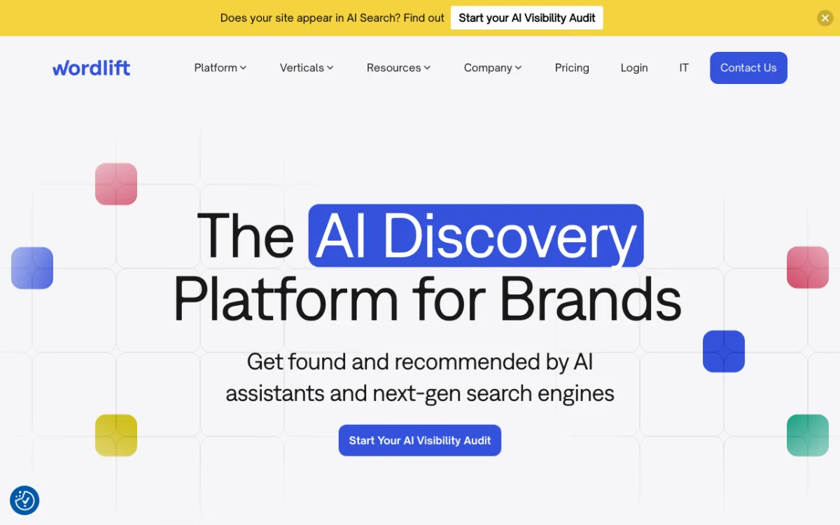 WordLift homepage showing its AI-powered SEO and discovery platform