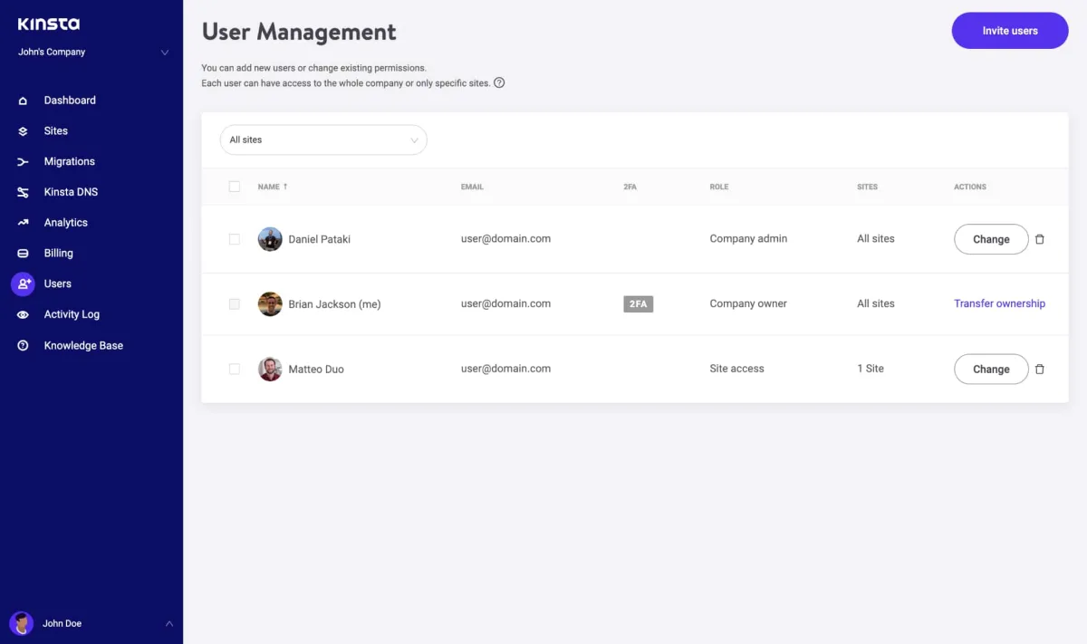 user management in kinsta
