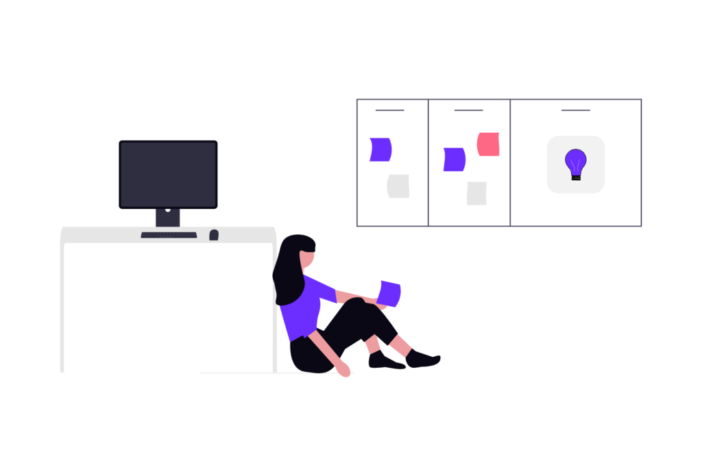 Illustration of a person sorting ideas into groups, like the decisions in a content audit