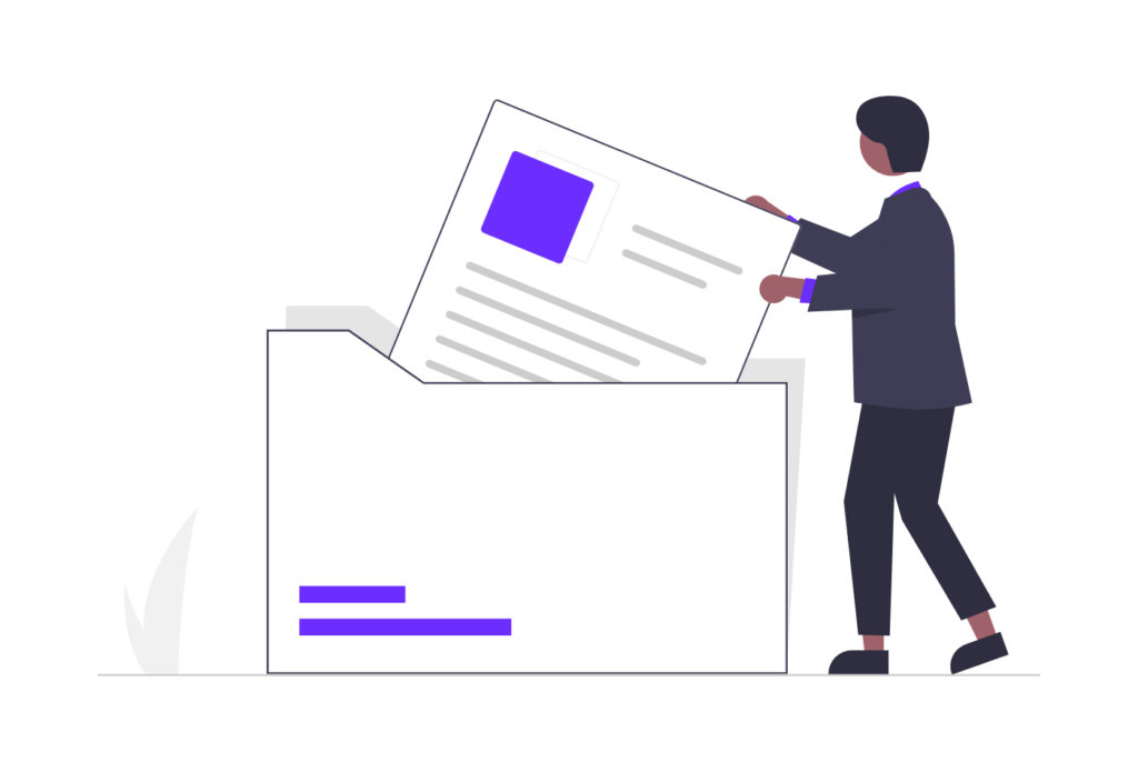 Content audit illustration: a person filing pages into a folder