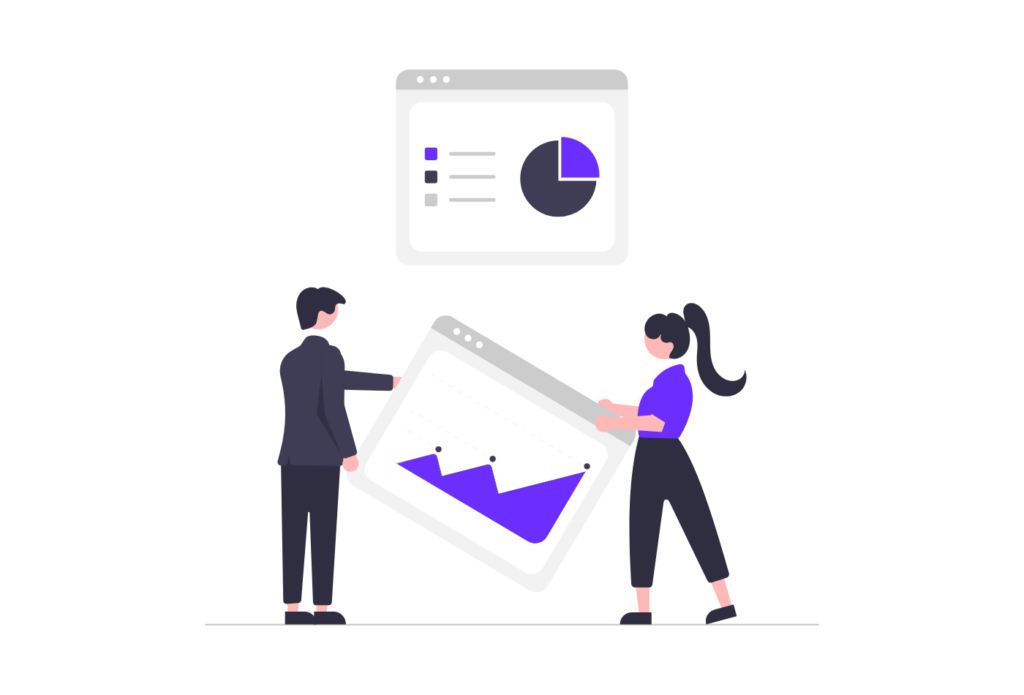 Illustration of two people reviewing performance charts for a content audit
