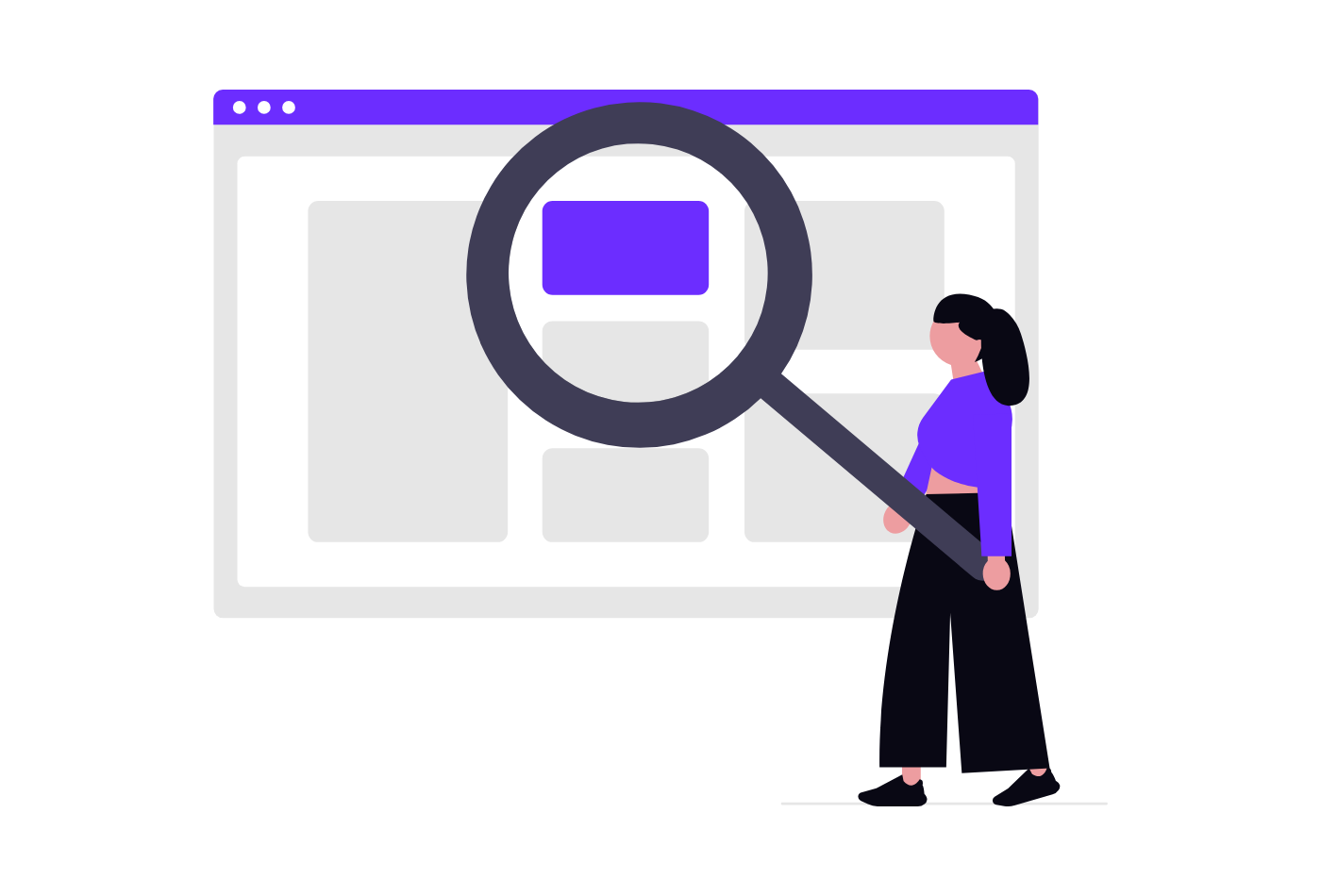 Keyword cannibalization illustration: a person searching a web page with a magnifying glass