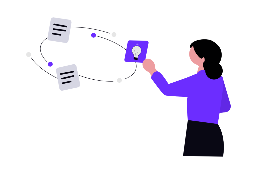 Illustration of a person mapping ideas to pages, like a keyword map