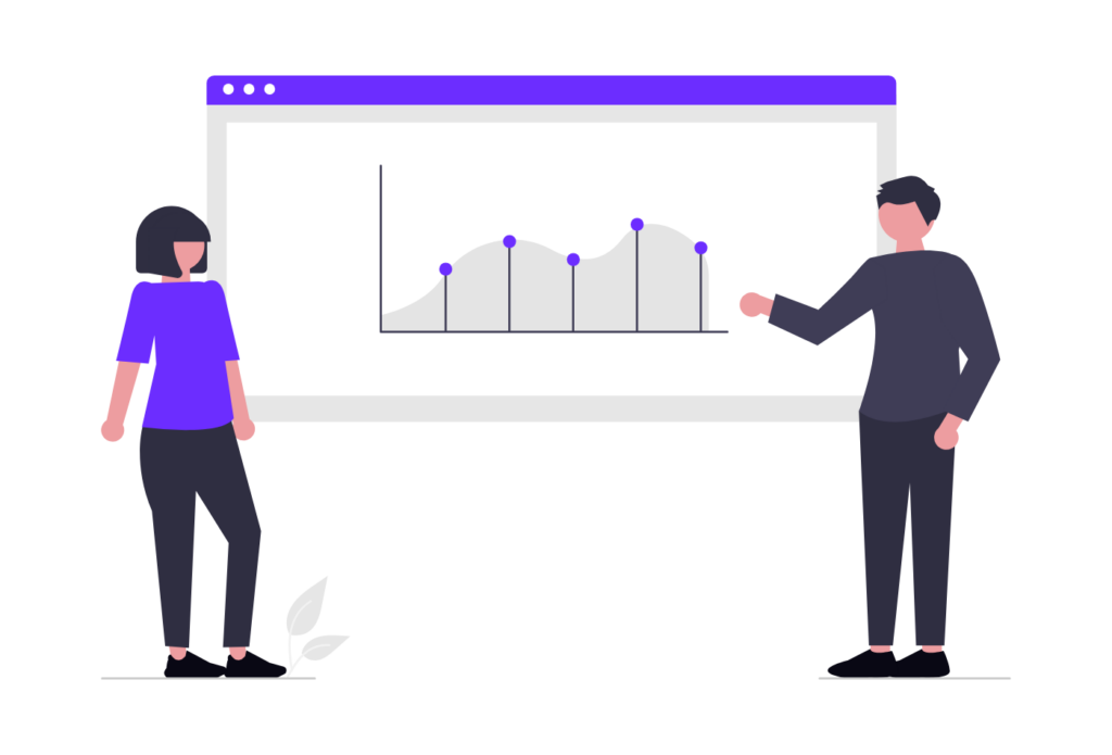 Illustration of two people reviewing search performance charts