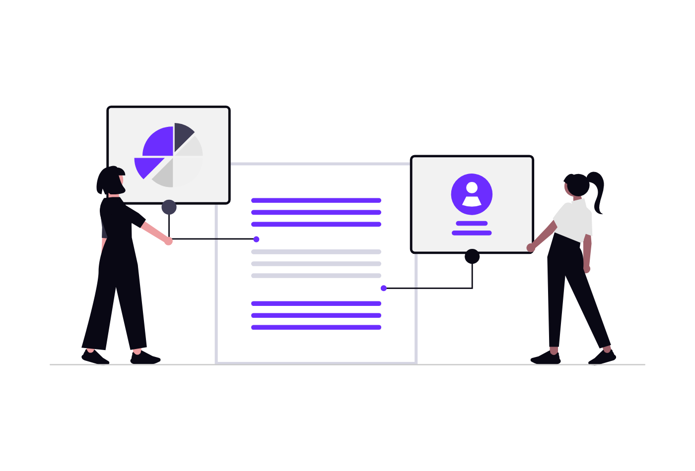 Illustration of two people presenting survey results and a customer profile
