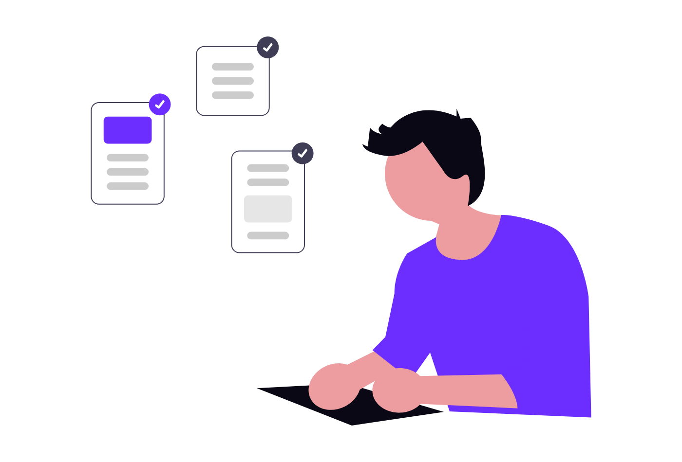 Illustration of a person checking off items on several page layouts