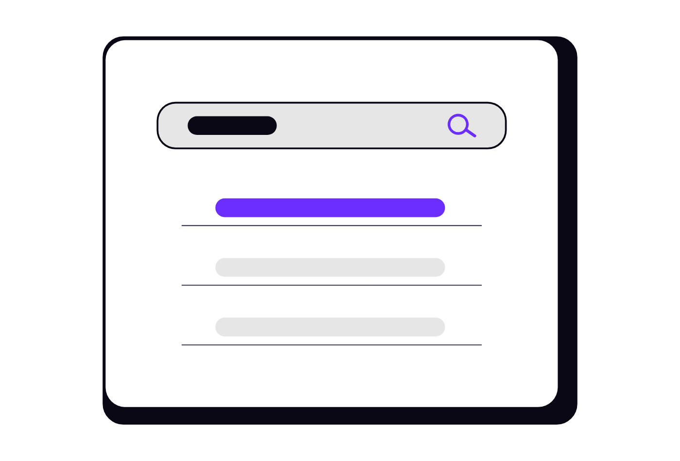 Illustration of a search bar above a list of search results, with the top result highlighted