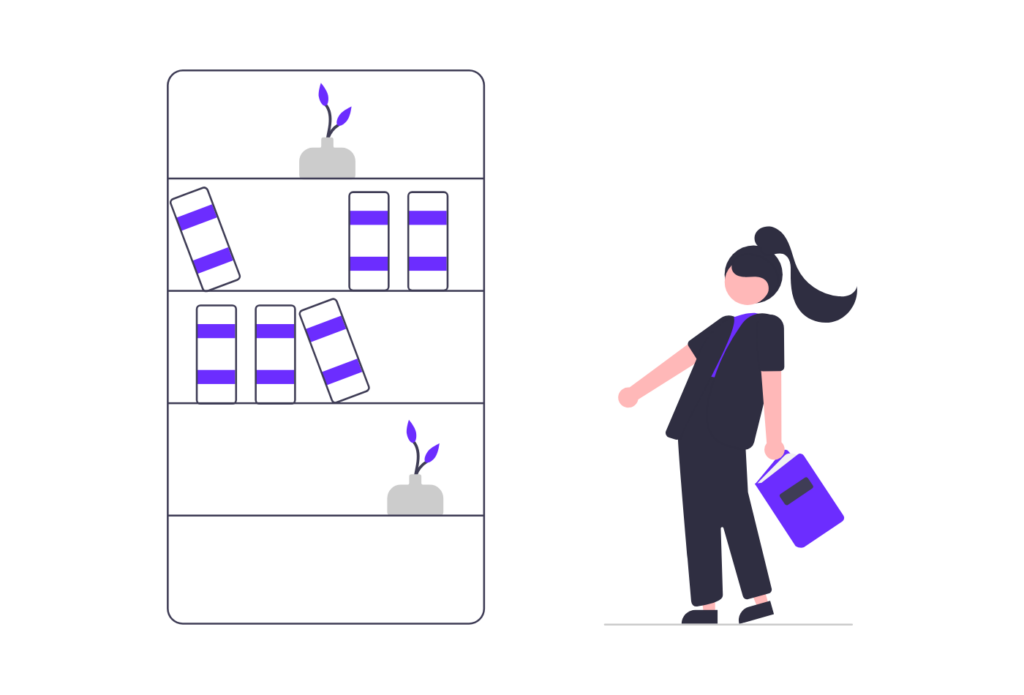 Topical authority illustration: a person next to organized bookshelves