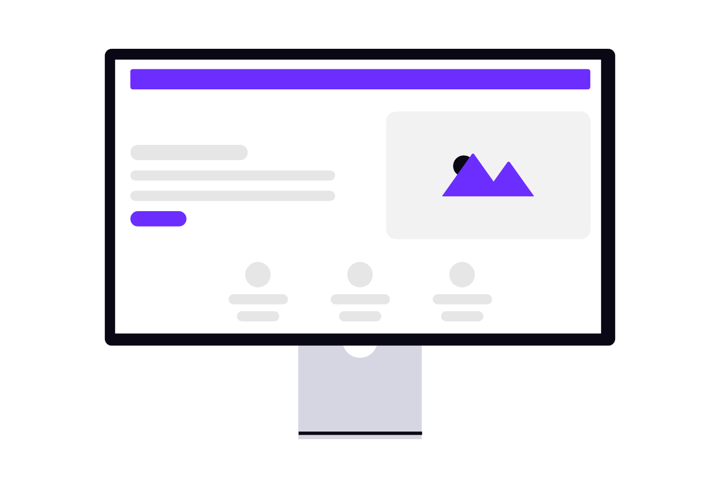 Illustration of a landing page on a desktop monitor with headline, image and button
