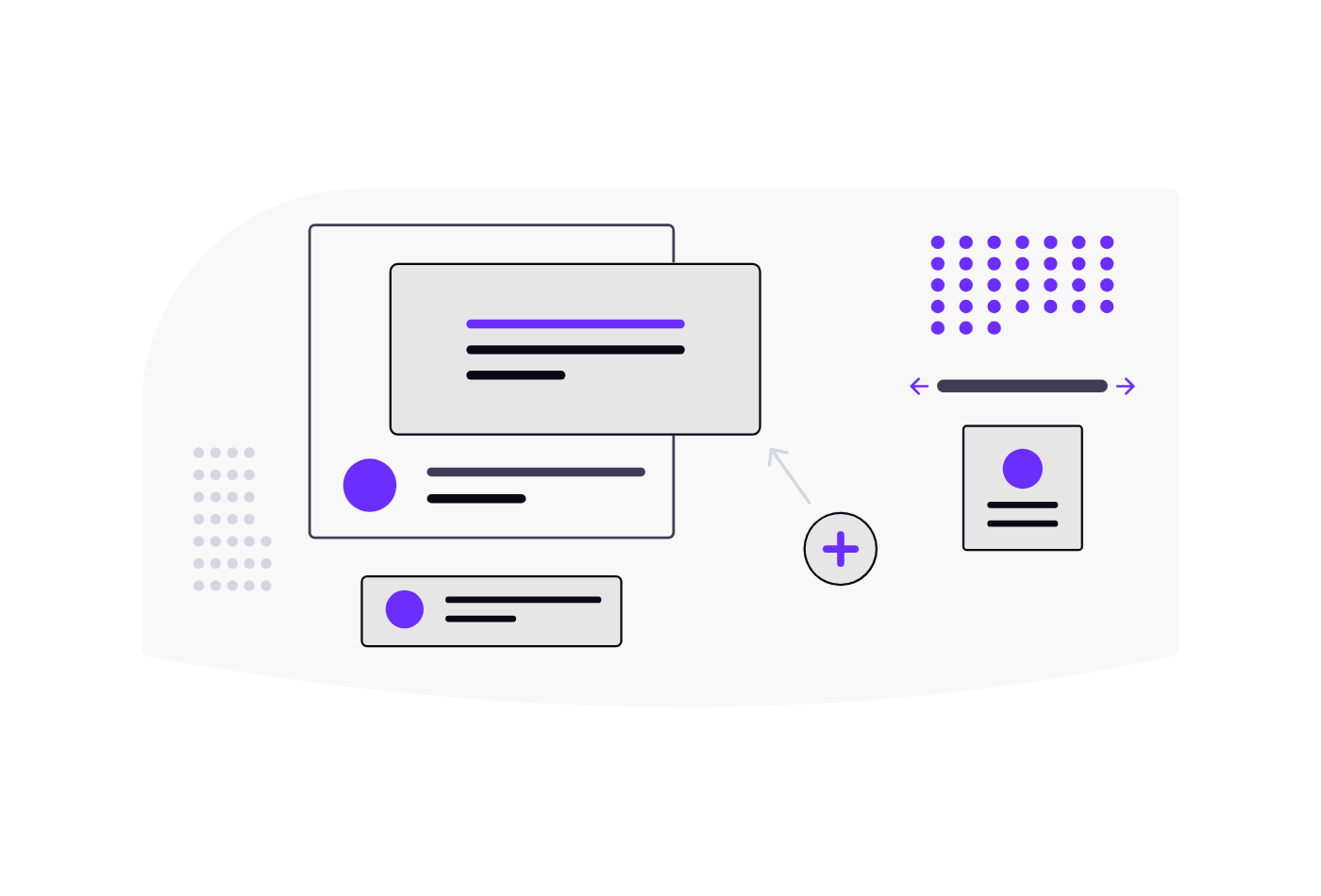 Illustration of website sections and components being added to a page layout