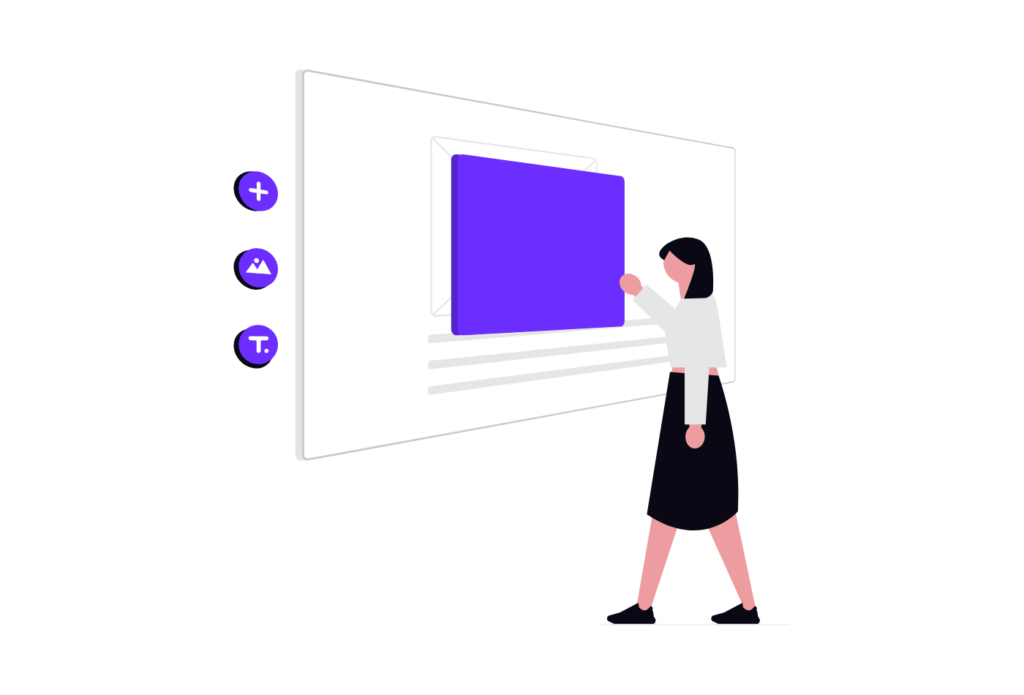 Illustration of a person building a website on a large screen with editing tools