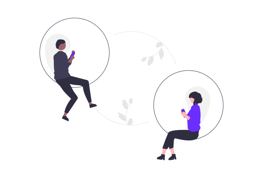 Two people connected online, like two pages joined by an internal link