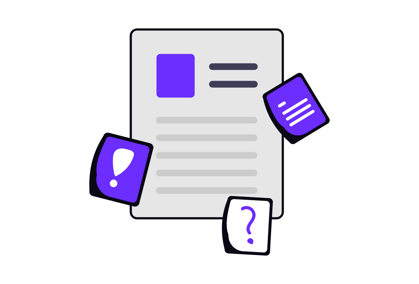 Illustration of a blog post draft with review notes and a question mark