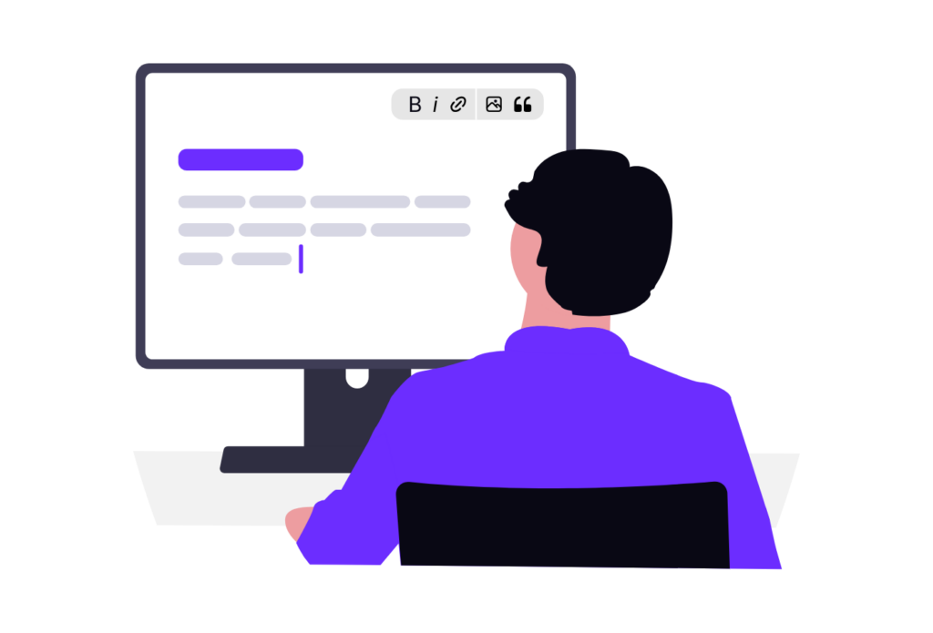 Illustration of a person writing a blog post on a desktop computer