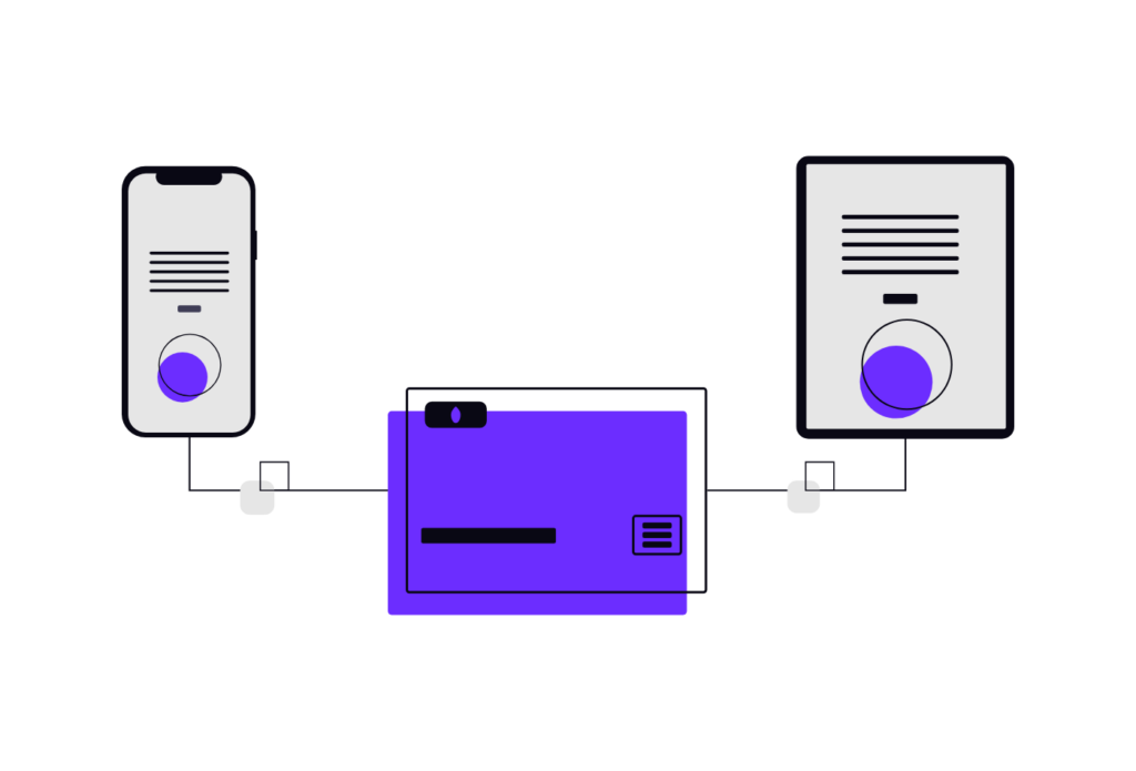 Illustration of a sales funnel connecting a phone, a payment card and a confirmation screen