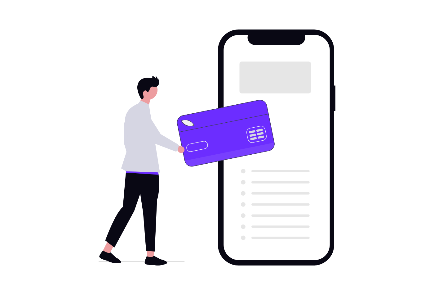 Illustration of a person paying with a card on a mobile checkout page
