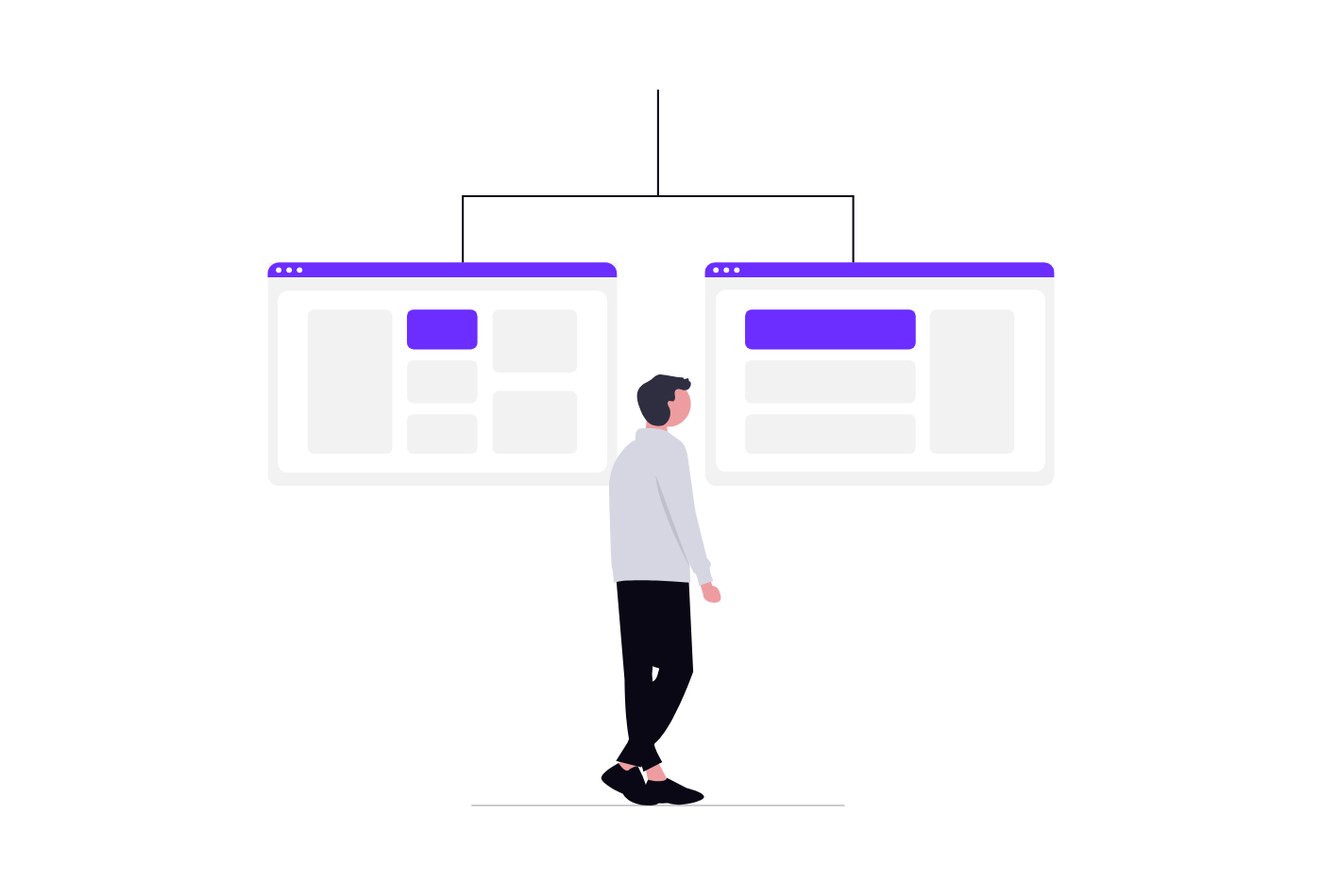 Illustration of a person comparing two versions of a landing page in an A/B test
