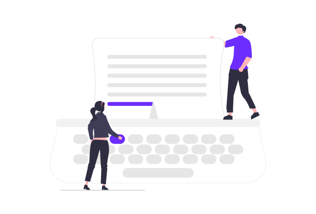 Illustration of two people writing text on a giant keyboard