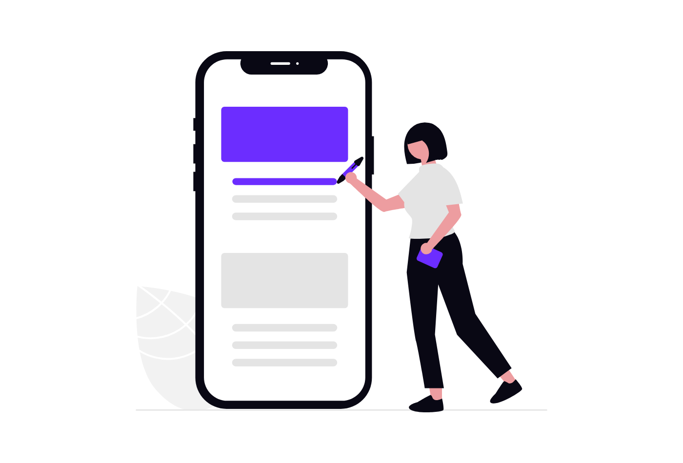 Illustration of a person next to a phone showing a search snippet