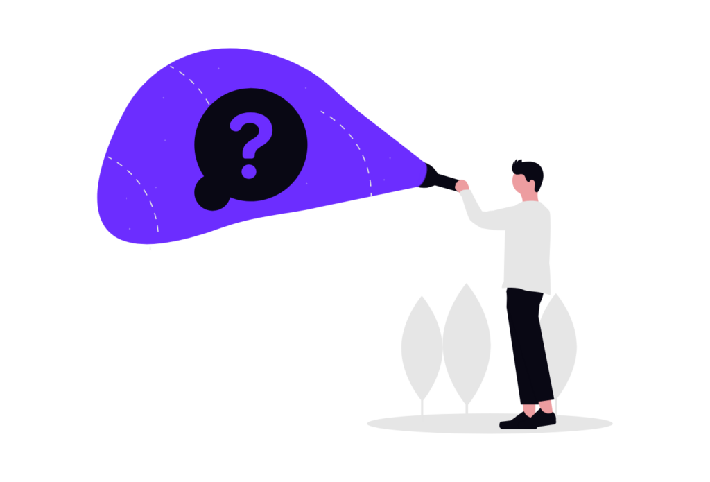 Illustration of a person shining a flashlight on a large question mark