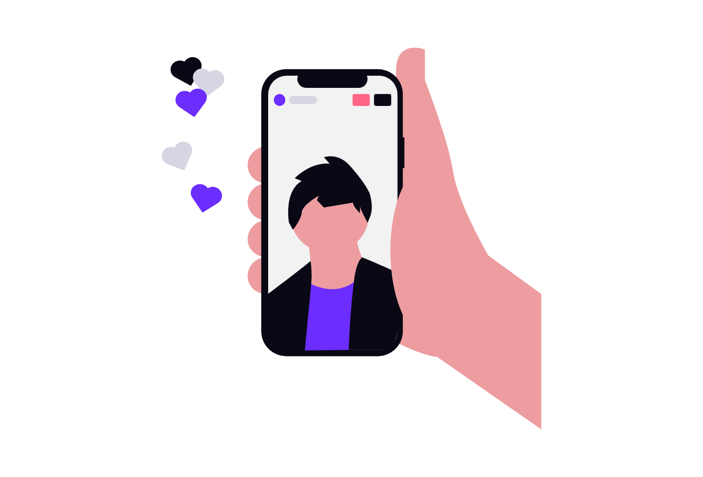 Illustration of a hand holding a phone that films a vlogger, with hearts floating above it